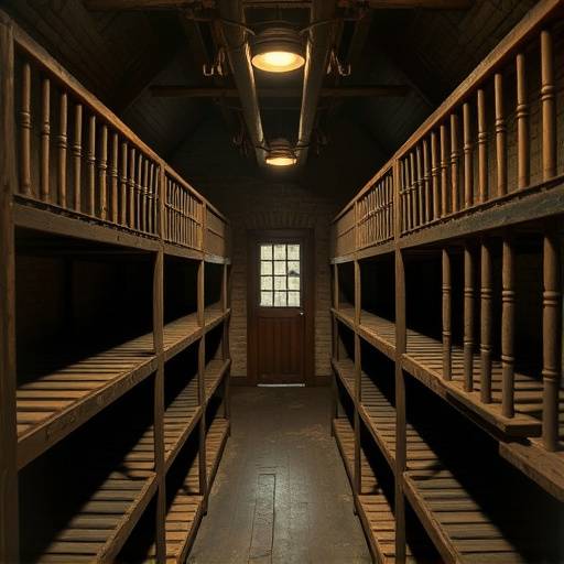 Fotografía antigua del interior de una celda de prisión del siglo XIX, con literas de madera y poca iluminación
