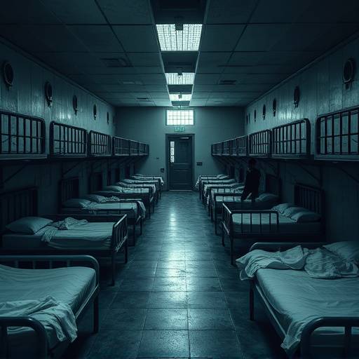 Fotografía de un dormitorio carcelario con mültiples camas dispuestas en filas y varios reclusos presentes.