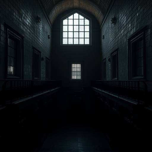 Fotografía de una cárcel victoriana, mostrando pequeñas celdas con ventanas altas y estrechas