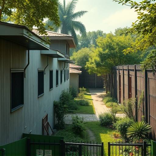 Fotografía de una prisión con jardines y áreas verdes para actividades al aire libre.