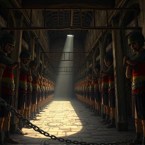 Ilustración antigua de una prisión romana con prisioneros encadenados.