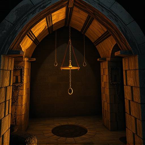 Imagen de un calabozo medieval con paredes de piedra y cadenas colgando del techo