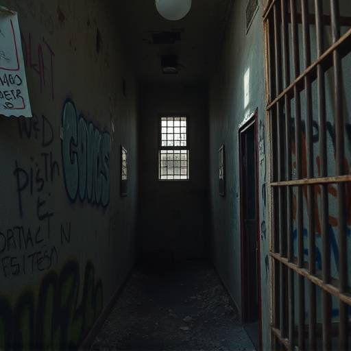 Imagen del interior de una celda de prisión deteriorada con graffitis y falta de mantenimiento.