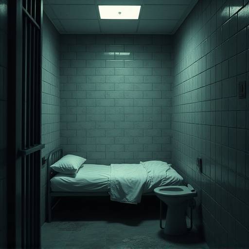 Imagen del interior de una celda de prisión con una cama, un inodoro y una pequeña mesa